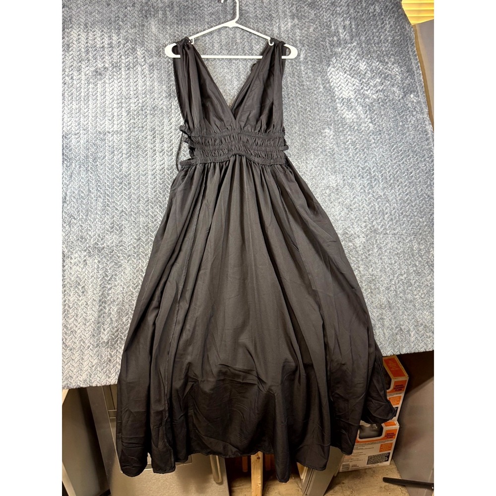 Vintage Hint of Blush Peasant Dress Women XL Black Elasticated Sleeveless V Neck